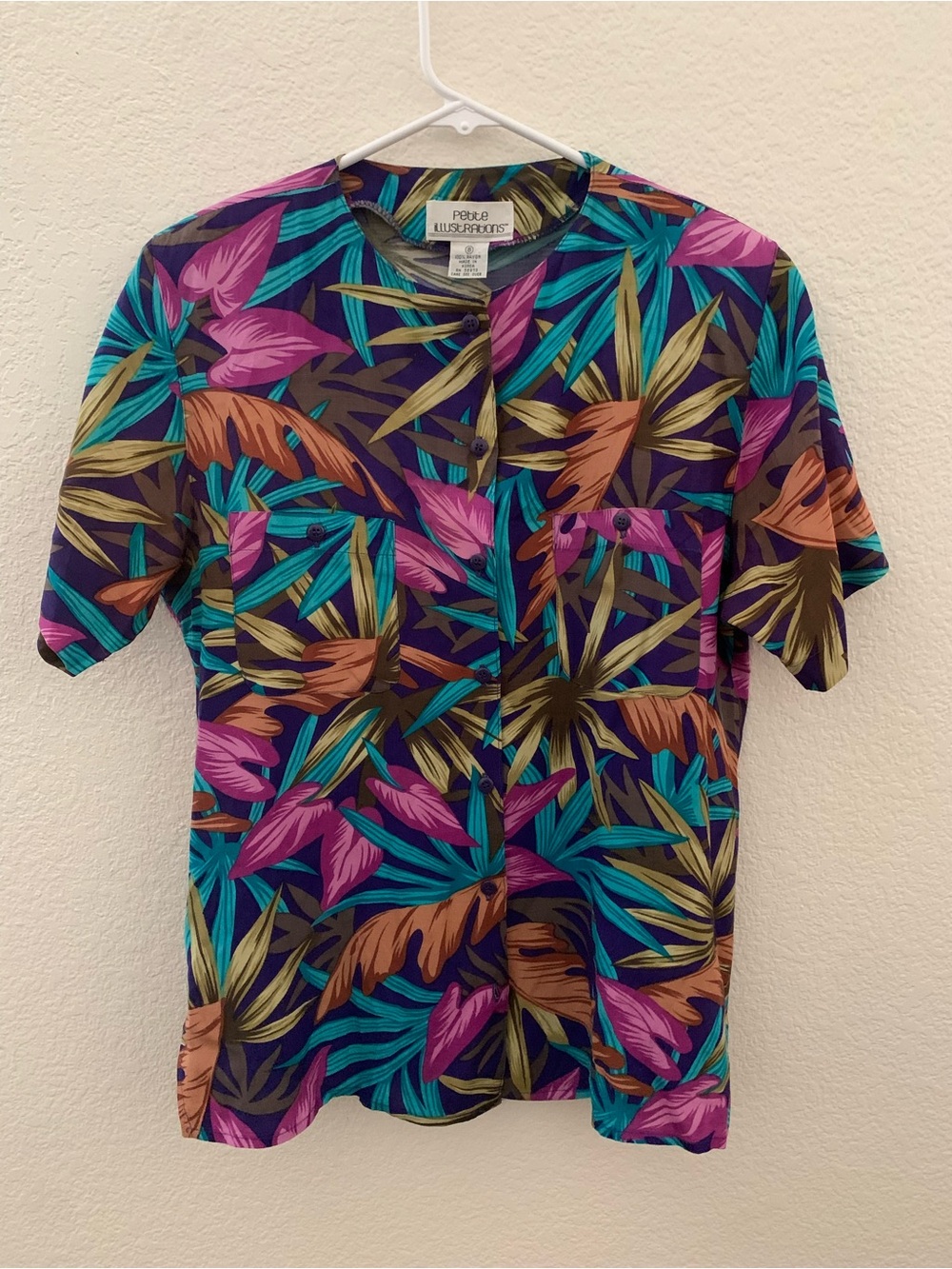 Vintage Petite Illustrations Tropical Leaf Rayon Blouse Purple Teal Size 8